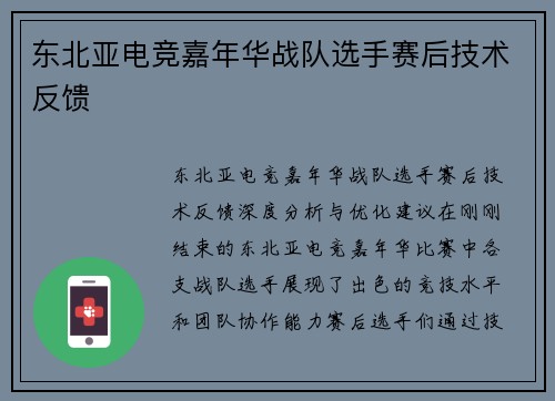 东北亚电竞嘉年华战队选手赛后技术反馈